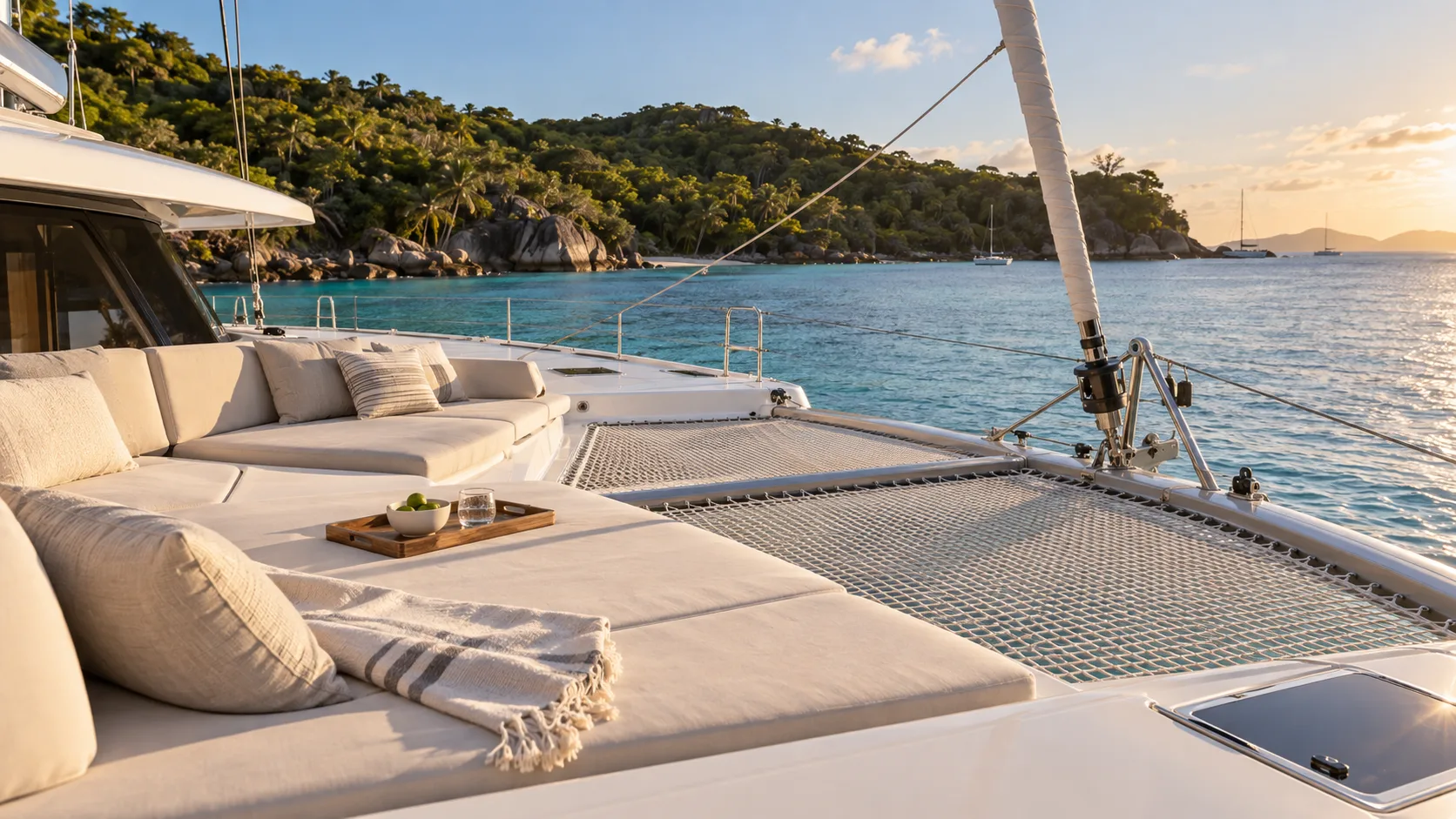 Catamaran deck under full sail crossing the channel