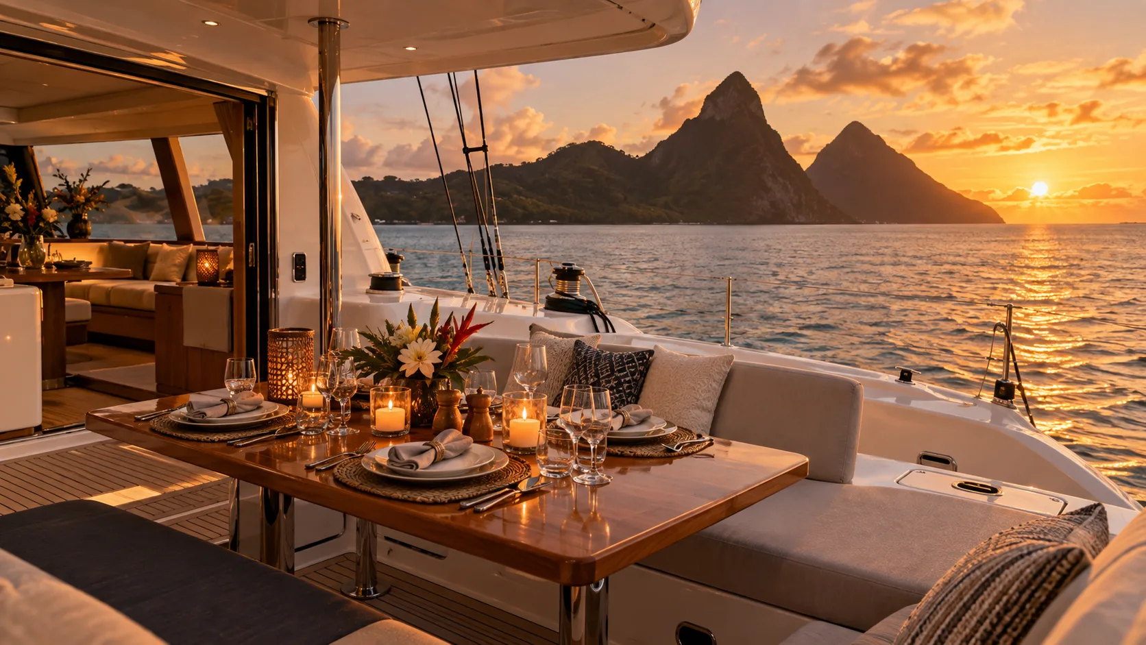 Candlelit gourmet dinner at anchor on the Lagoon 42