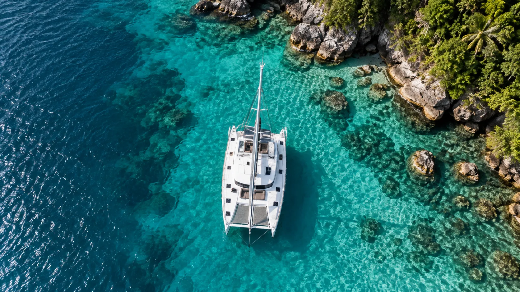 Catamaran gliding quietly under full sails