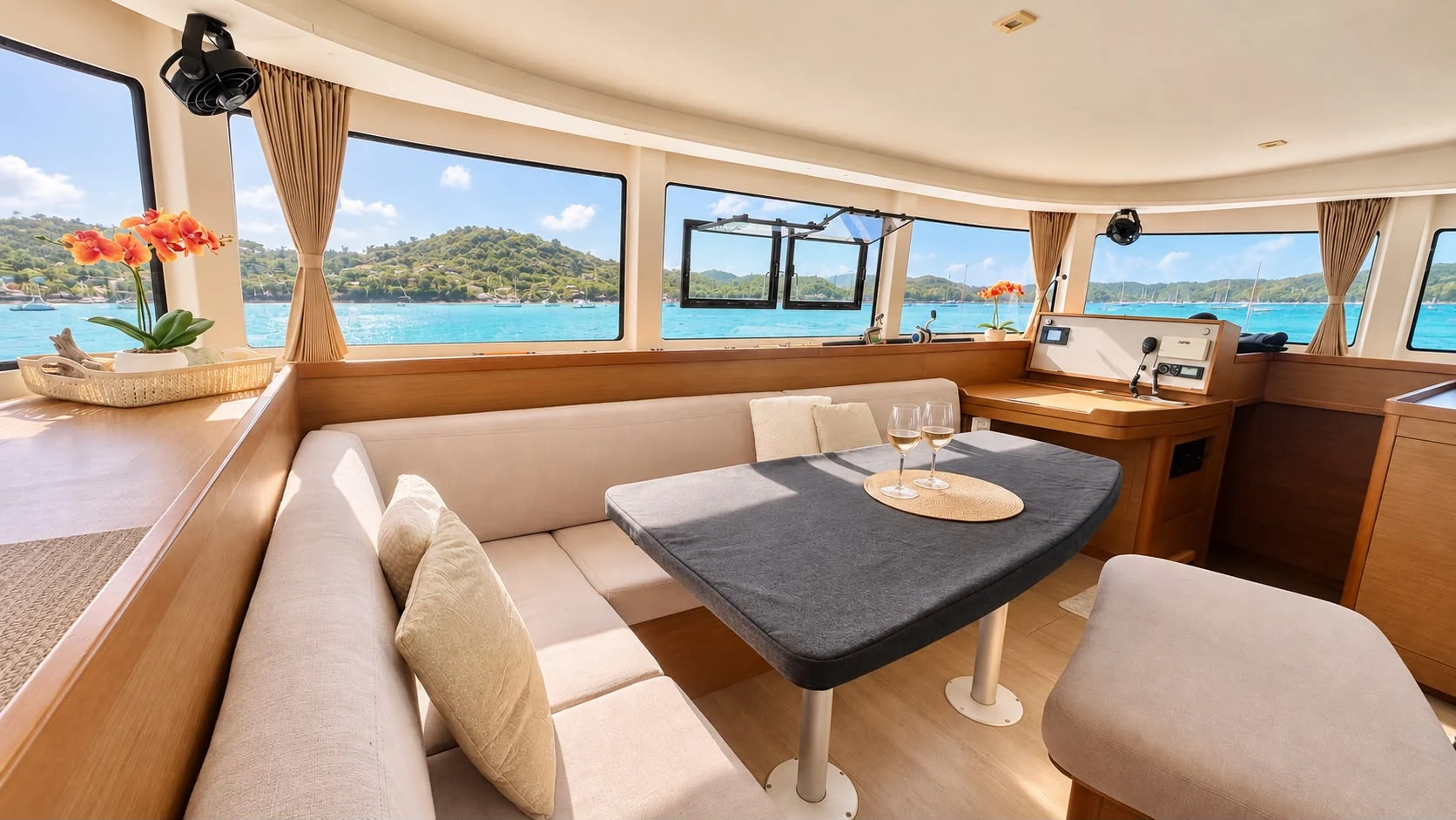 Interior panoramic salon of the Lagoon 42